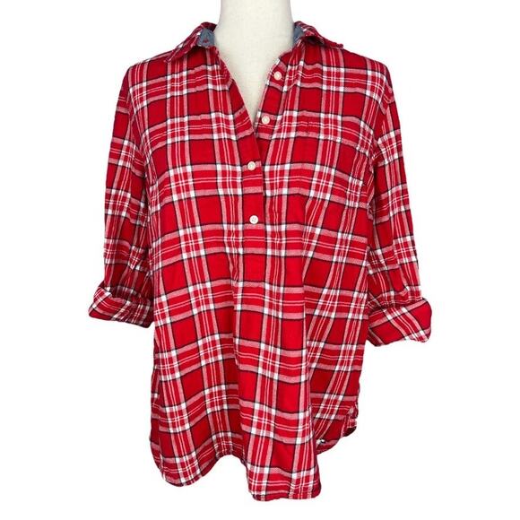 Tommy Hilfiger Tops - Tommy Hilfiger Red Plaid Roll Tab Sleeve Button Down Top